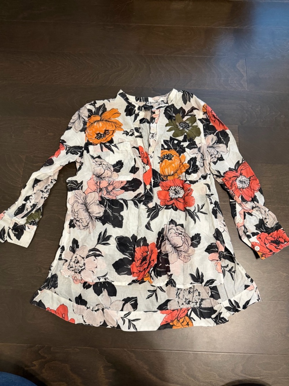 Ann Taylor Factory White Floral Button-Front Blouse with Red & Orange Flowers